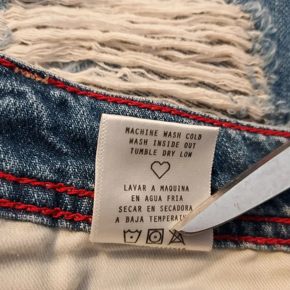 Cello Jeans Distressed Blue Denim Mini Skirt Raw Hem Size Large Destroyed - Picture 9 of 13